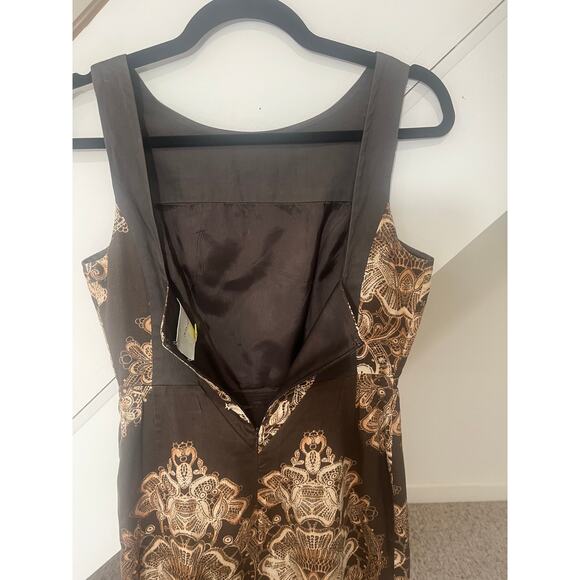 Anthropologie Leifsdottir Sleeveless Brown Dress Tan Print Design Zip Back SZ 4 - Picture 3 of 5